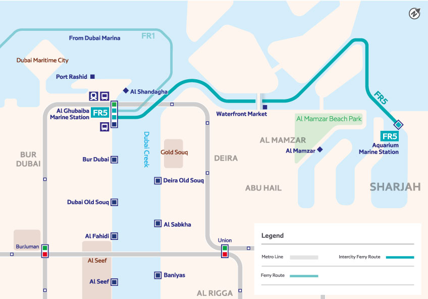 Dubai-Sharjah-Marine Transport Ferry Route Map using Nol card